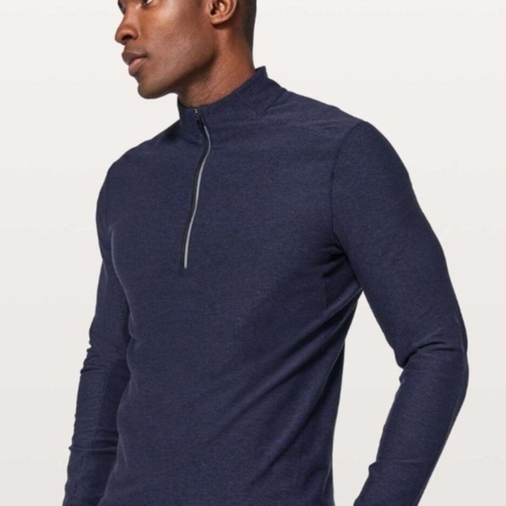 Lululemon men’s surge warm half-zip heathered Cerulian blue shirt small